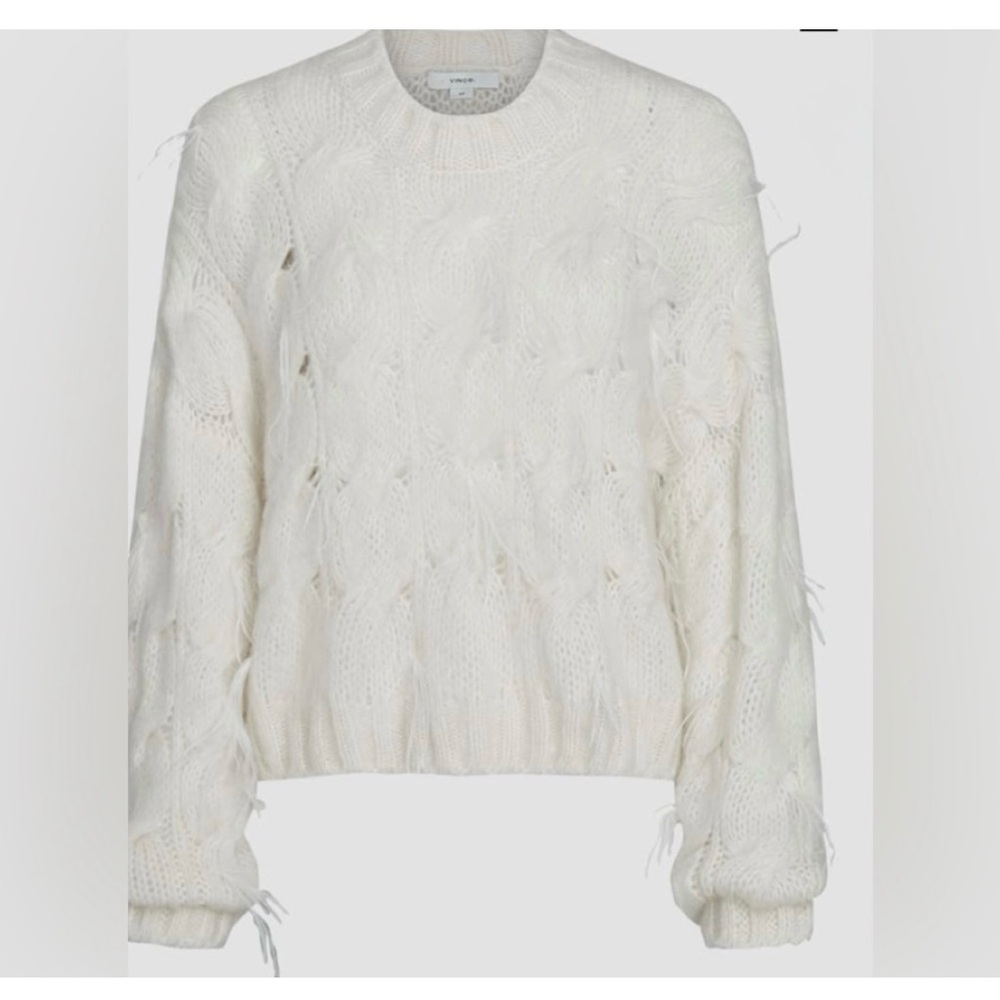 Vince Feather Appliqué Off White Italian Cable Knit Sweater M